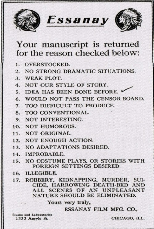 Hollywood manuscript rejection letter